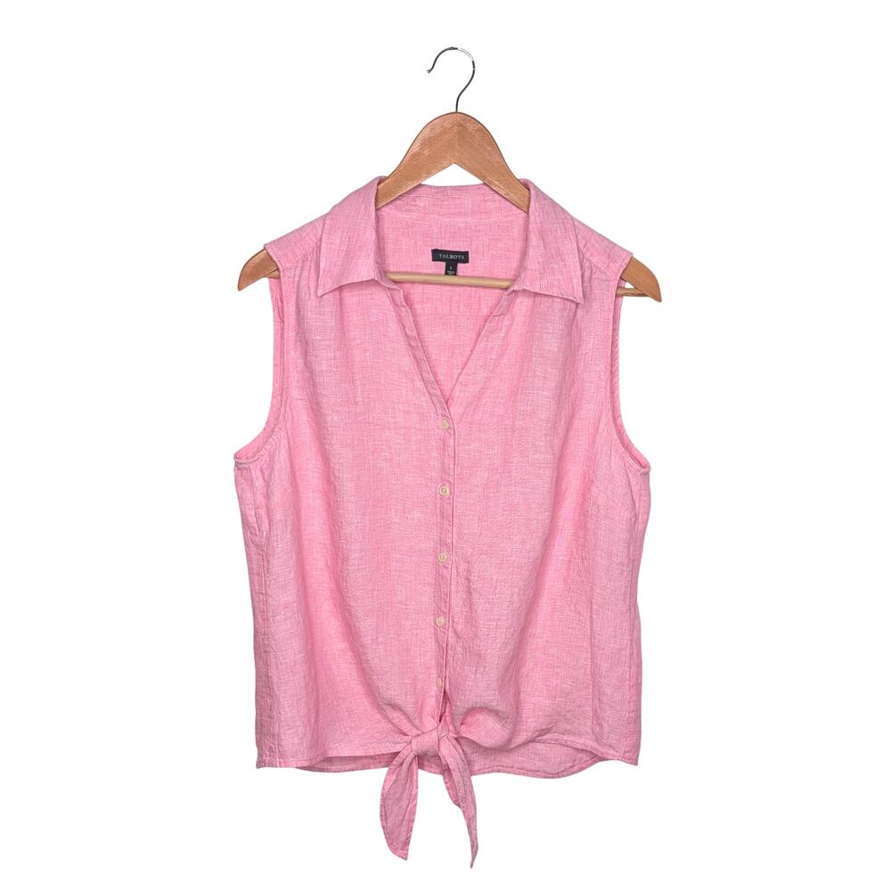 Talbots Sleeveless Linen Button Front Top Large Pink Tied Hem Preppy Coastal